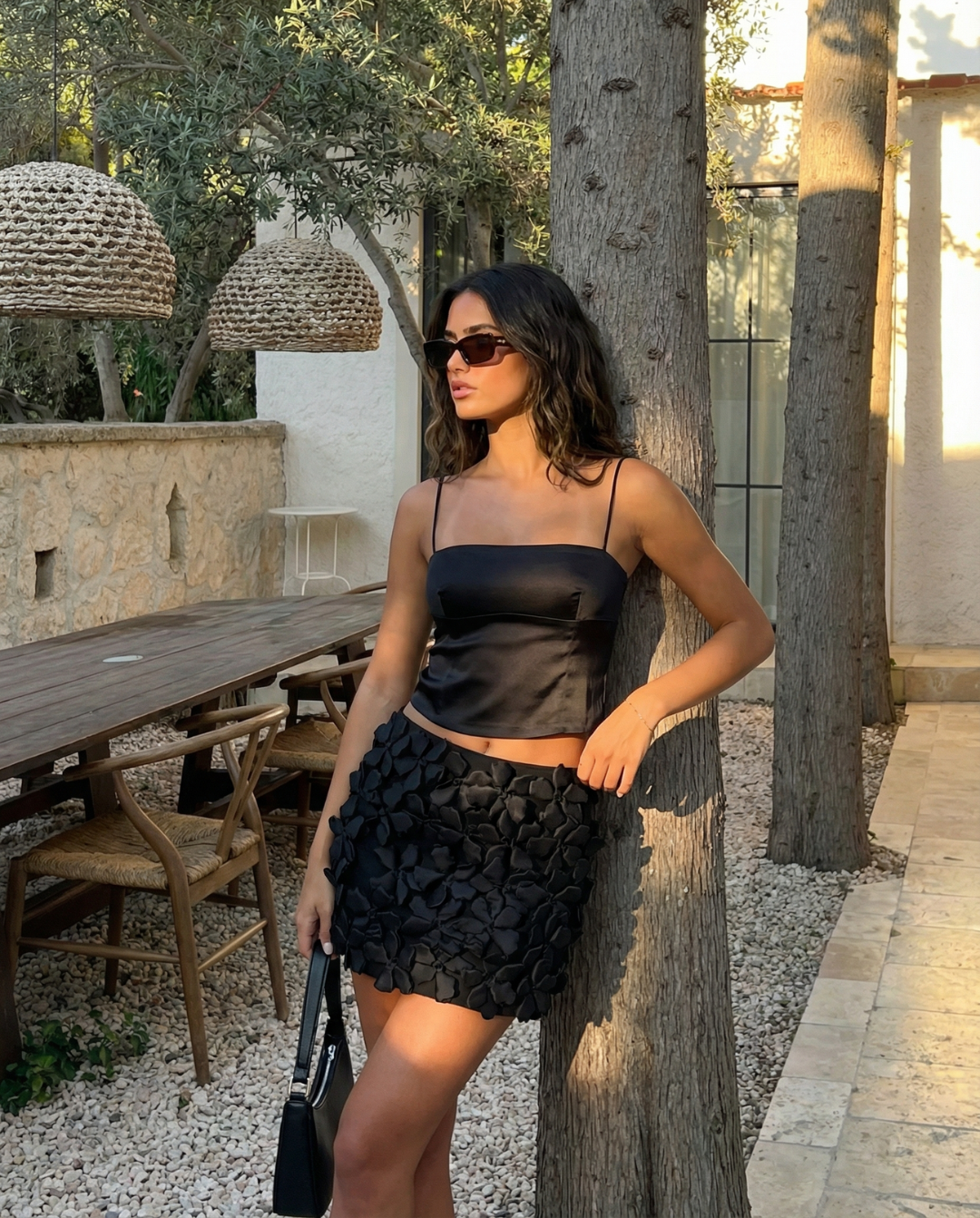 Aria | Mini Skirt Black Textured Applique High Waisted