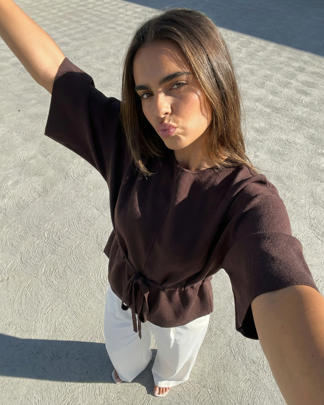 Margot | Relaxed Linen Blouse Brown Short Sleeve Tie Waist
