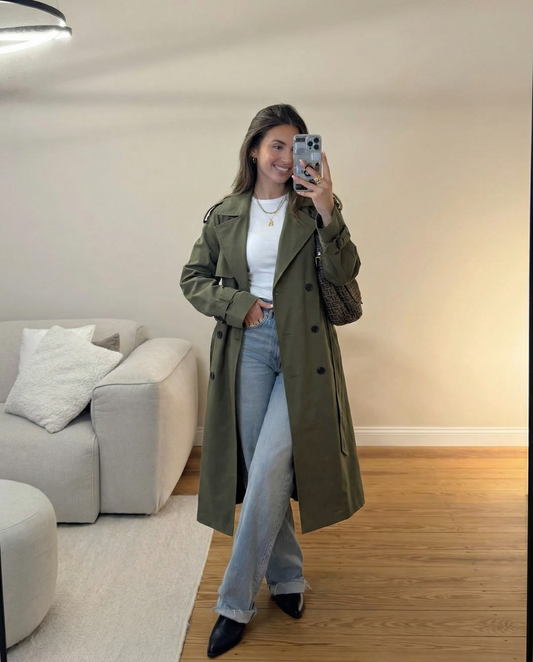 Vera | Trench Coat Olive Double Breasted Belted Long Sleeve