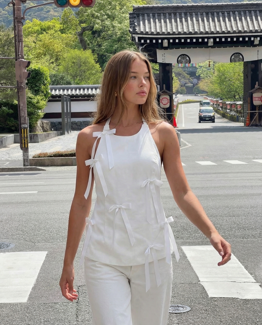 Nola | Summer Halter Neck Top White Backless Tie Detail