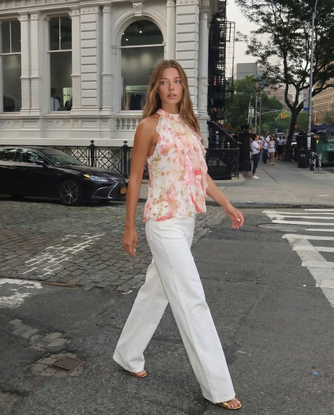 Lola | Elegant Halter Neck Top Pink Floral Chiffon Sleeveless Ruffle