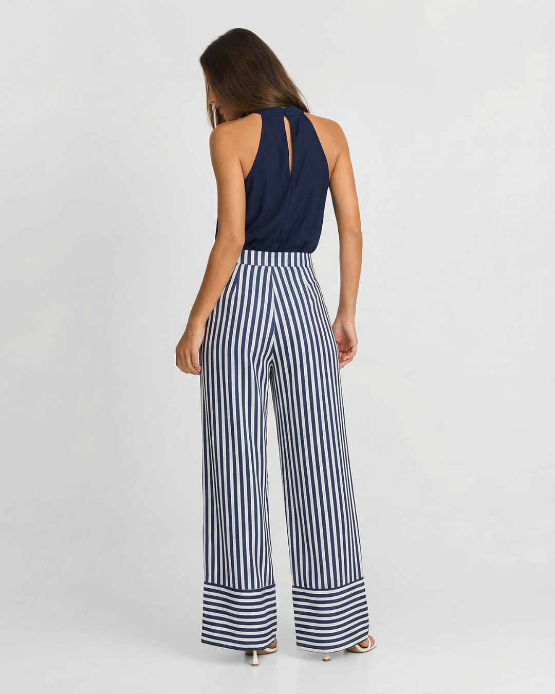 Thea | Striped Wide Leg Jumpsuit Navy White Halter
