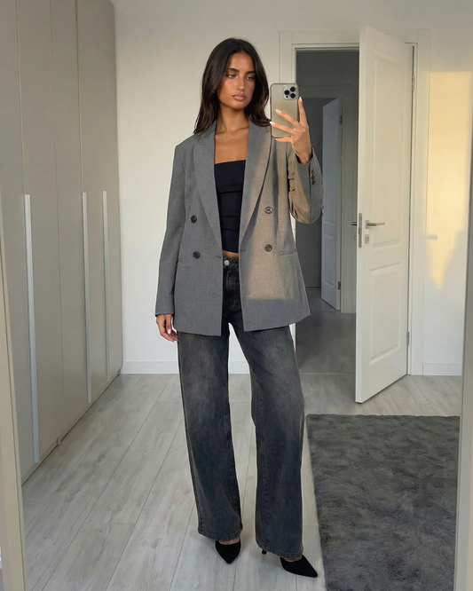 Vera | Smart Casual Double Breasted Blazer Gray Oversized