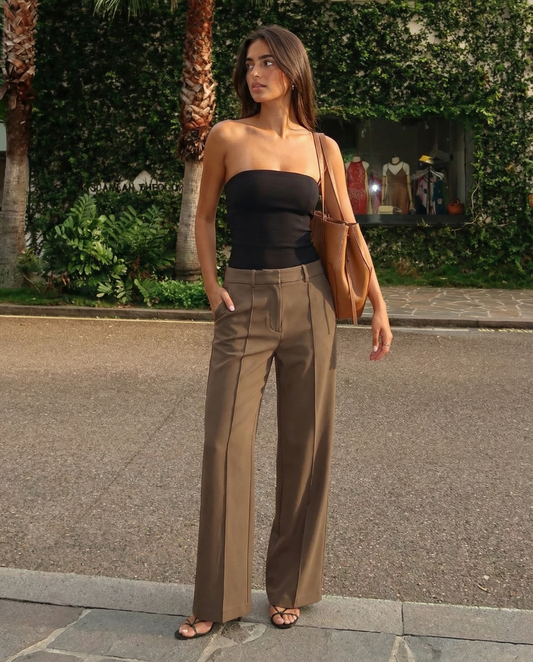 Lena | Wide Leg Tailored Pants Brown High Waisted