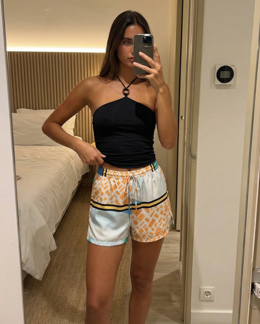 Ivy | Summer Satin Shorts Light Blue Orange Geometric Print Drawstring