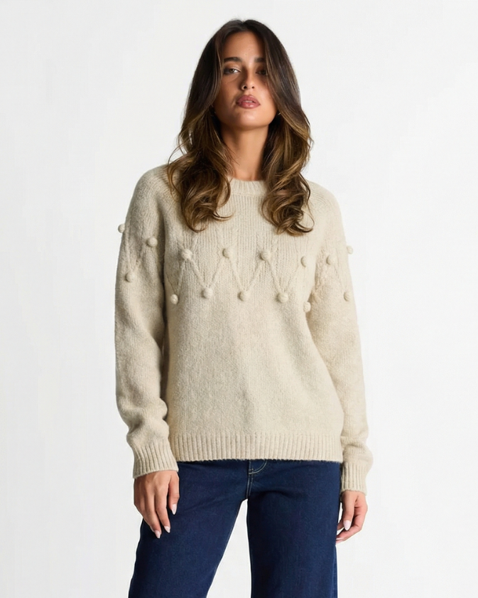 Neve | Casual Knitted Pom Pom Sweater Cream
