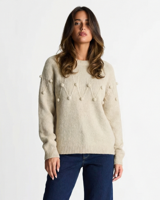 Neve | Casual Knitted Pom Pom Sweater Cream