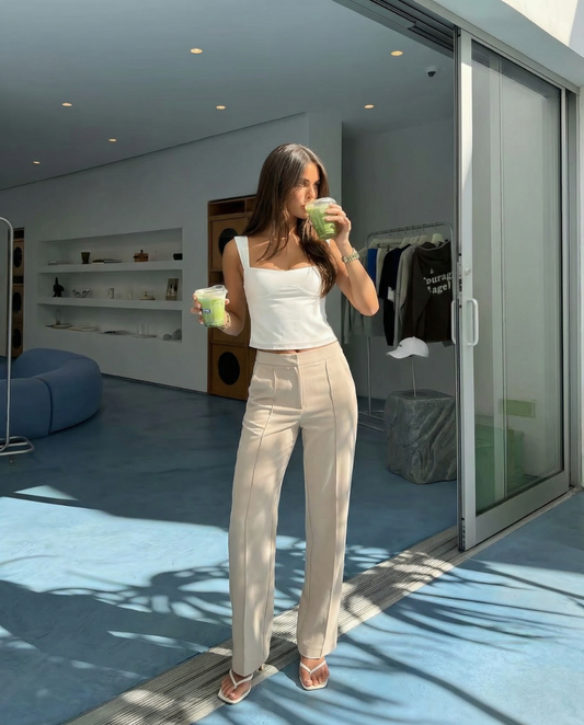 Macy | Tailored Wide Leg Pants Cream High Waisted Straight Leg