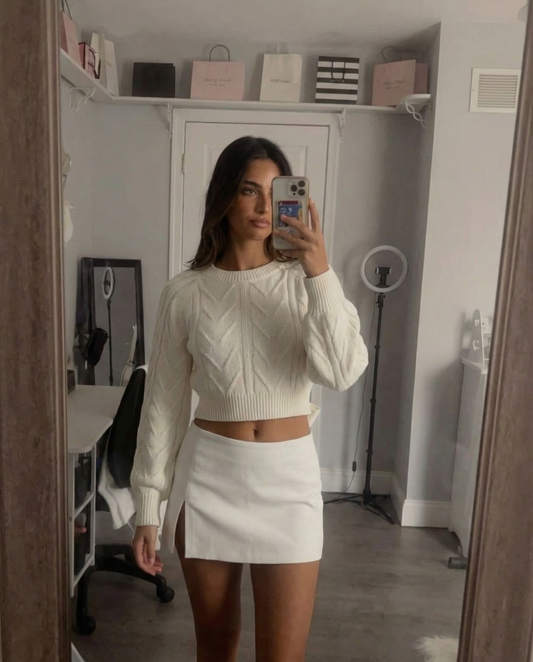 Opal | Casual Cropped Knitted Top Cream Cable Knit Long Sleeve