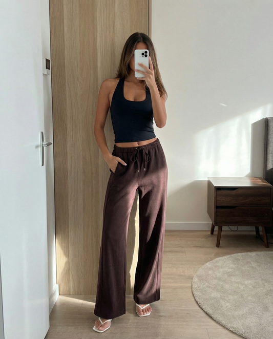 Thea | Wide Leg Sweatpants Brown Drawstring Relaxed