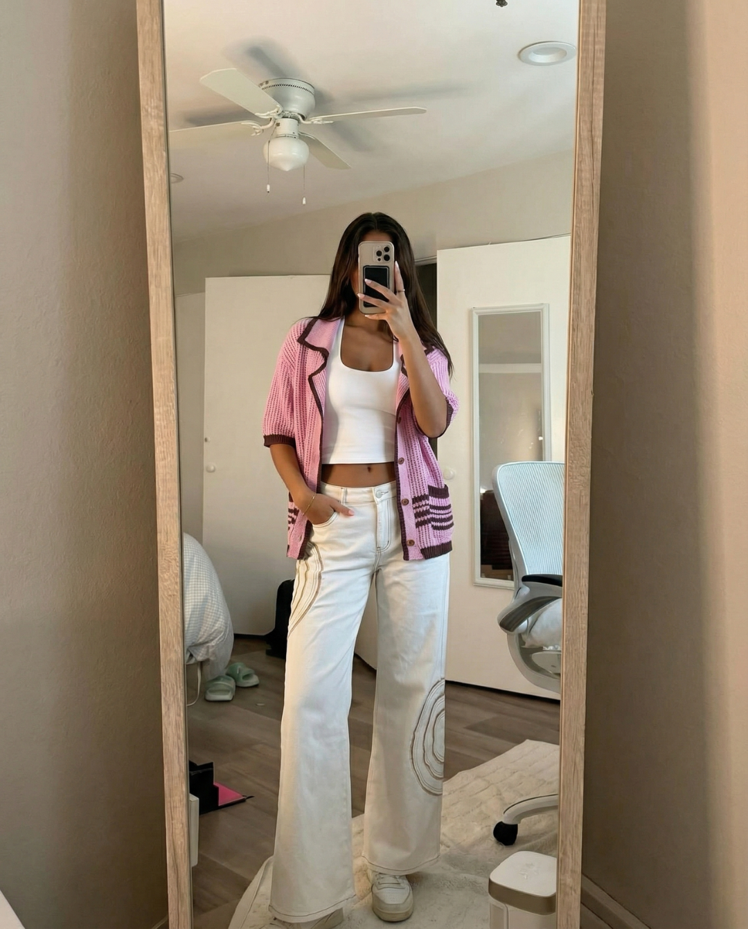 Florence | Pink Relaxed Open Knit Polo Cardigan