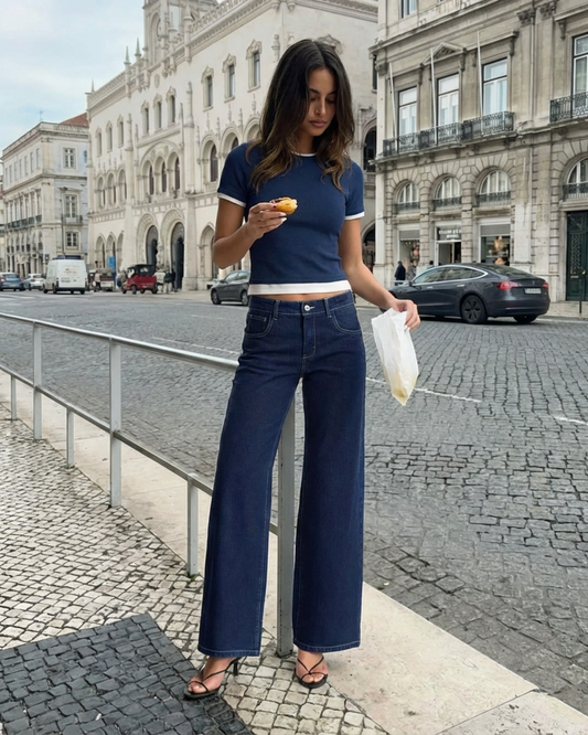 Thea | Cropped Fitted T Shirt Navy White Trim