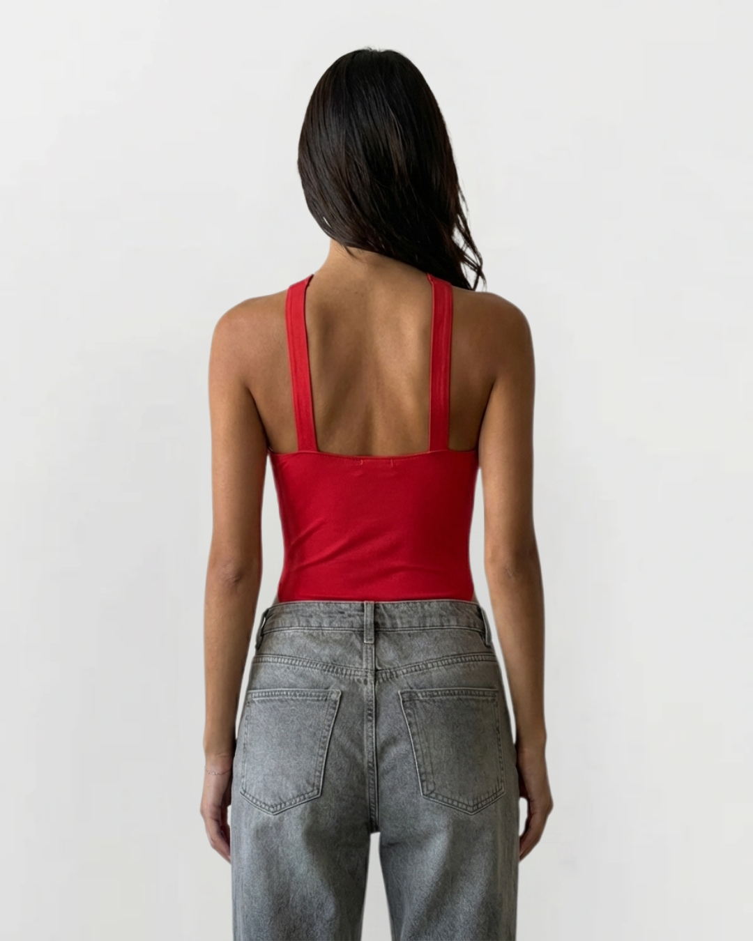 Camille | Halter Neck Bodysuit Red Rivet Detail