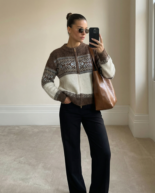 Kira | Winter Knitted Cardigan Brown Cream Fair Isle Zip Up