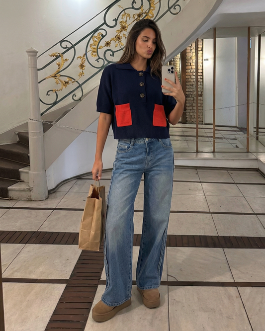 Iris | Navy Knitted Shirt Short Sleeve Collared Button Front Red Pockets