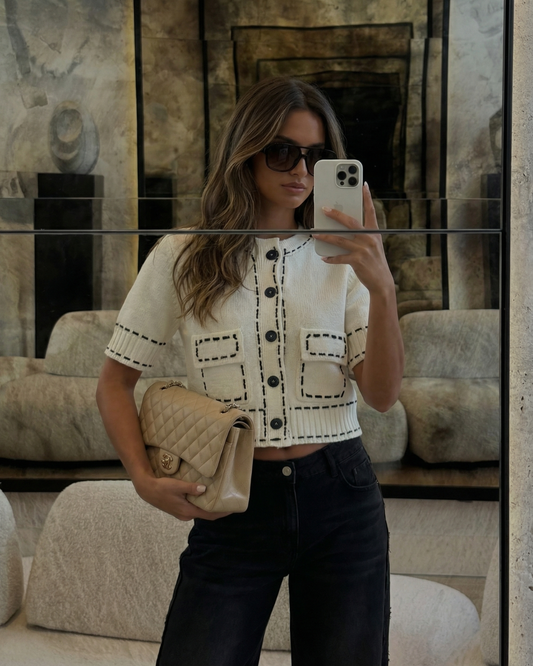 Margot | Cropped Blouse White Short Sleeve Button Front Contrast Stitch