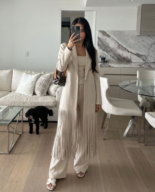Vera | Longline Blazer Coat Cream Pleated Fringe
