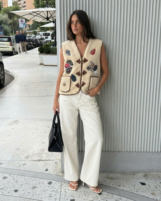 Margot | Sleeveless Cardigan Cream Embroidered Patchwork Toggle Front