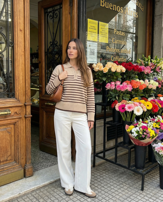 Grace | Classic Striped Knit Long Sleeve Polo Top