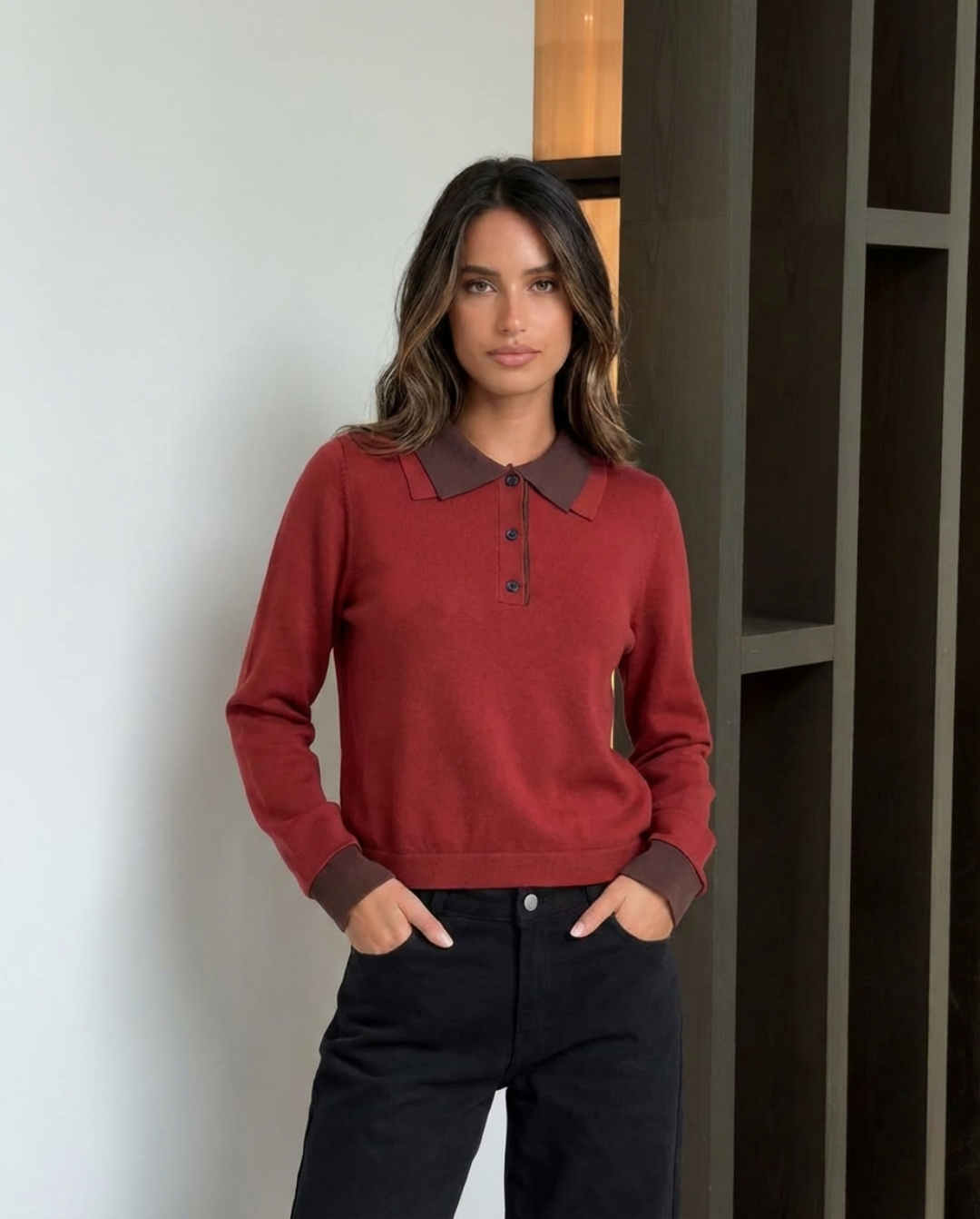 Hazel | Red Knit Long Sleeve Polo Jumper with Contrast Collar