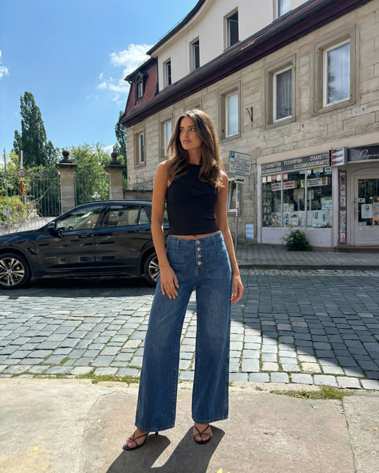 Iris | High Waisted Wide Leg Jeans Blue Button Front