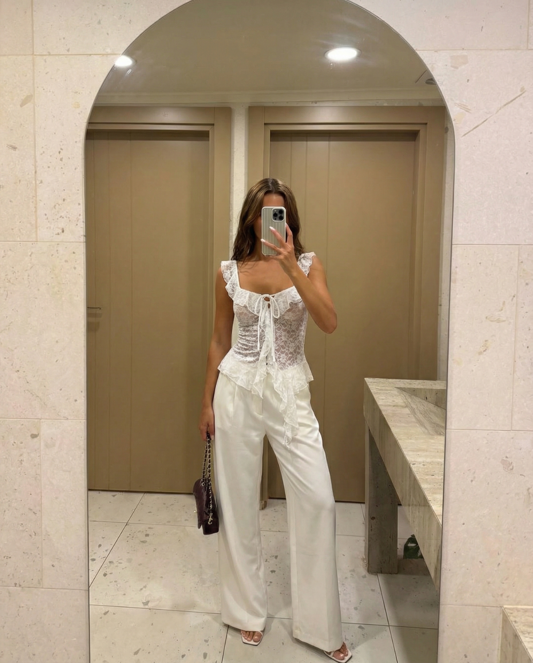 Etta | Square Neck Lace Top White Ruffle Tie Front Sheer