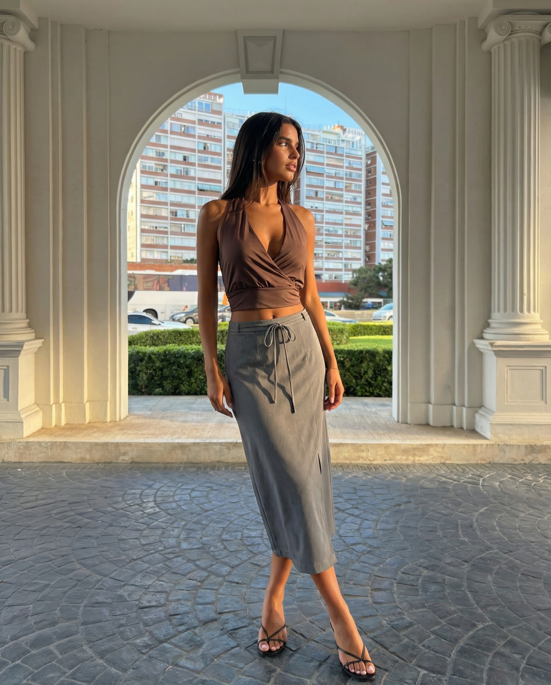 Nell | Midi Skirt Grey Drawstring Tailored Split