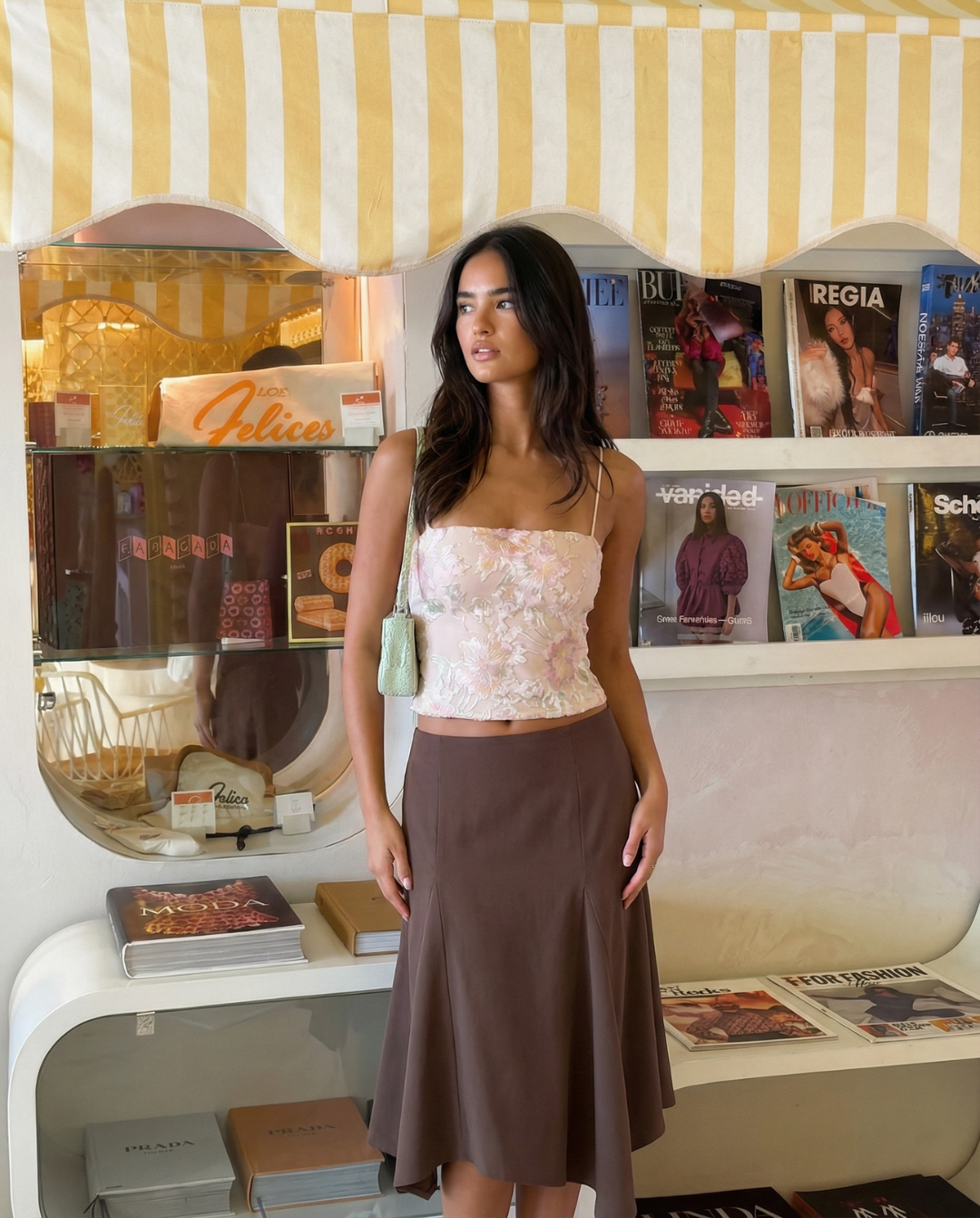 Neve | A Line Midi Skirt Brown Asymmetric Hem