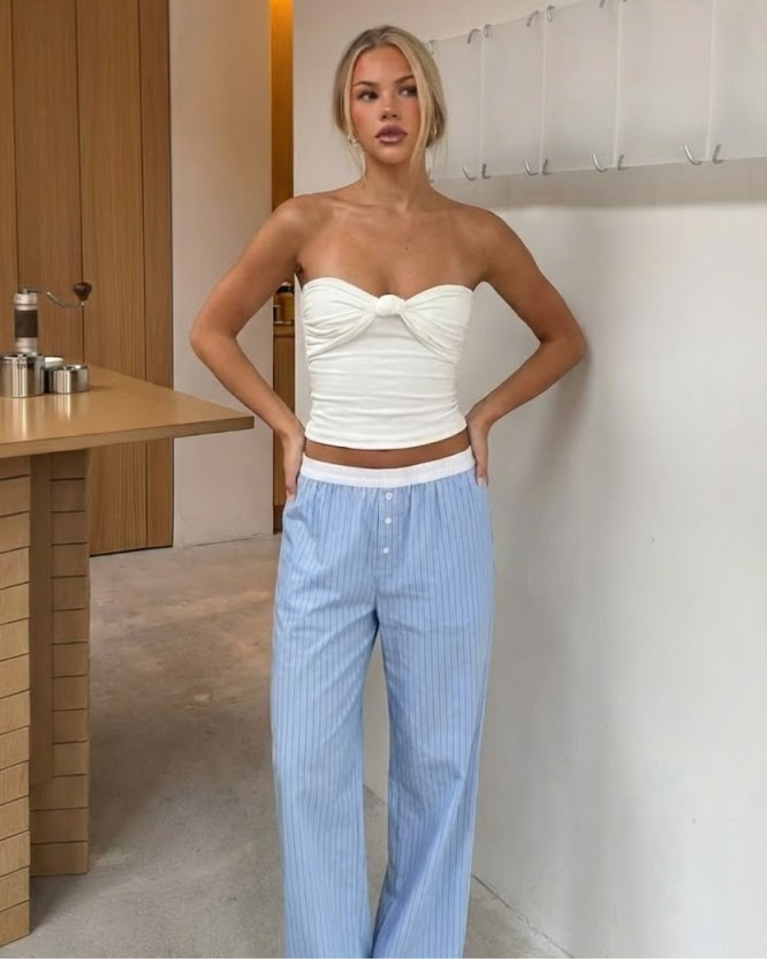 Xena | Casual Light Blue Striped Wide Leg Trousers Button Front