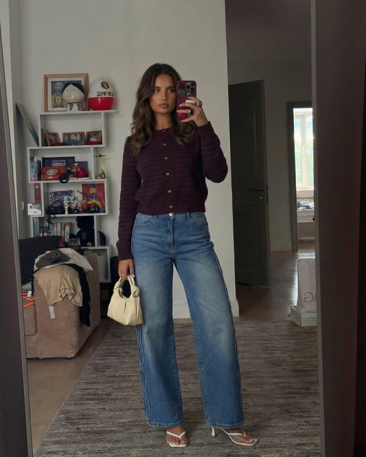 Noa | Striped Cardigan Purple Long Sleeve Knitted Crew Neck Fitted