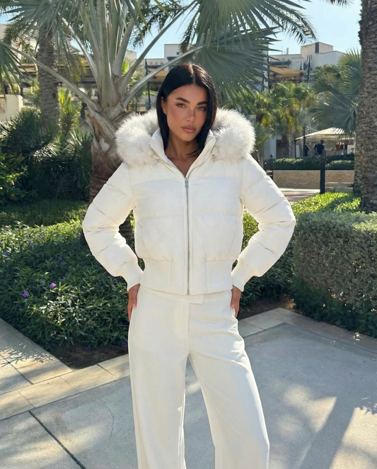 Zoe | Winter Cropped Puffer Jacket White Hooded Faux Fur Trim Padded