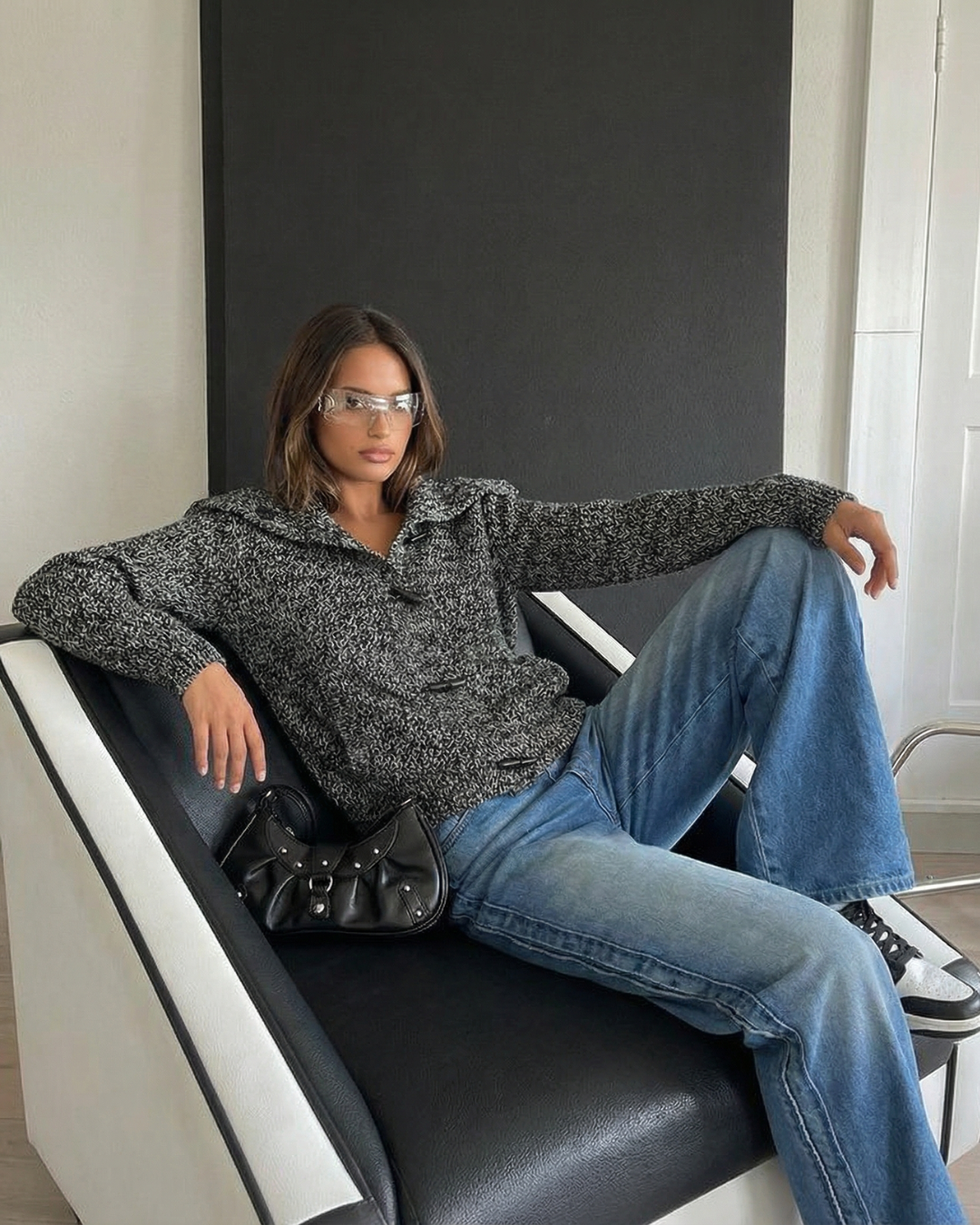 Suki | Autumn Oversized Shirt Grey Knitted Long Sleeve Collared