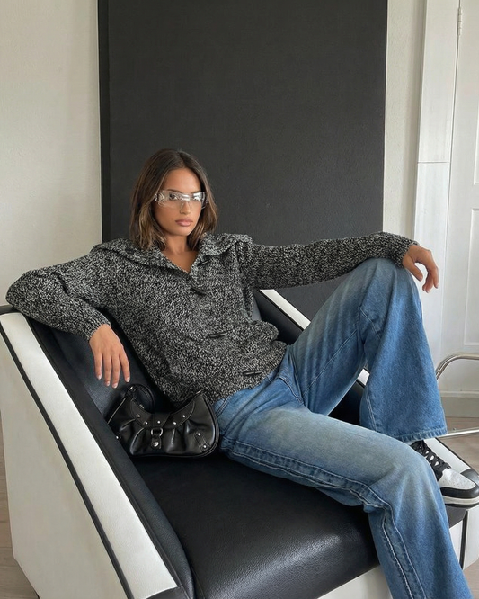 Thea | Chunky Knit Collared Shirt Gray Long Sleeve Button