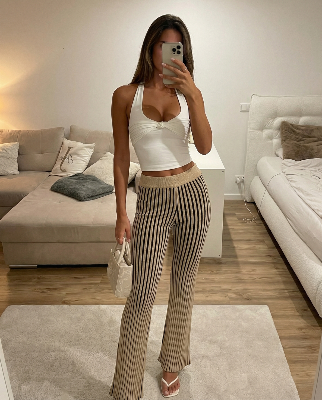 Vera | Ribbed Flared Pants Cream Striped Wide Leg