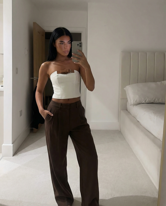 Luisa | Wide Leg Trousers Brown Pleated High Waisted