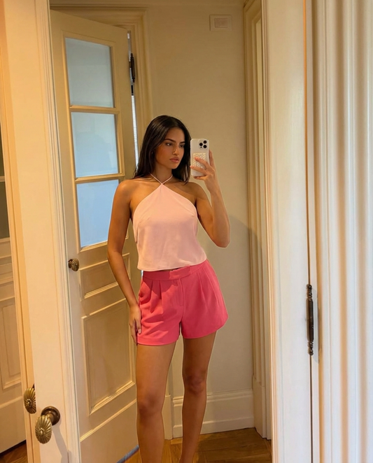 Vera | High Waisted Pleated Shorts Pink Tailored