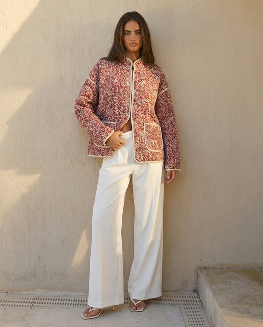 Ines | Quilted Jacket Red Floral Zip Up Padded