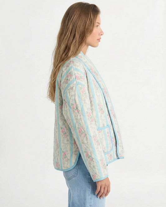 Edie | Quilted Jacket Cream Light Blue Floral Patchwork Long Sleeve