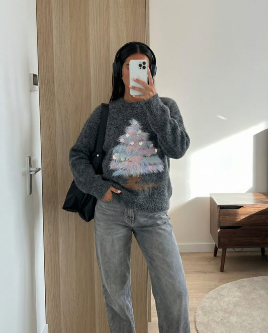 Freya | Winter Knitted Sweater Grey Christmas Tree Embellished