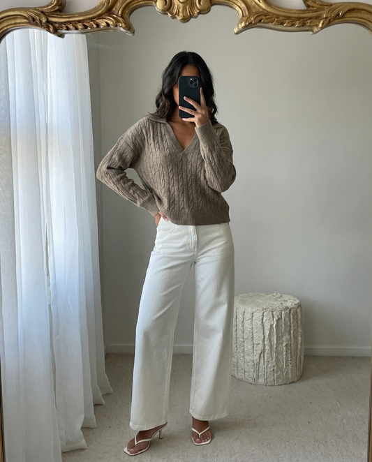 Eleanor | Brown Cosy Cable Knit V-Neck Polo Jumper