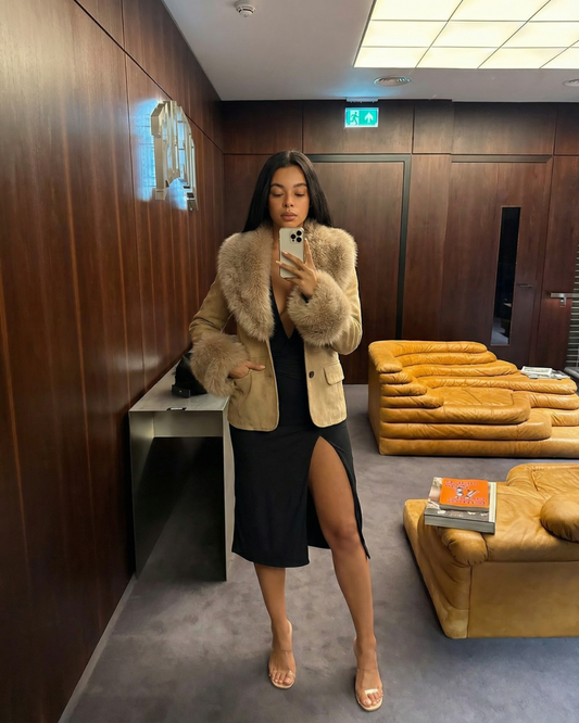 Margot | Camel Suede Blazer Faux Fur Collar Cuff