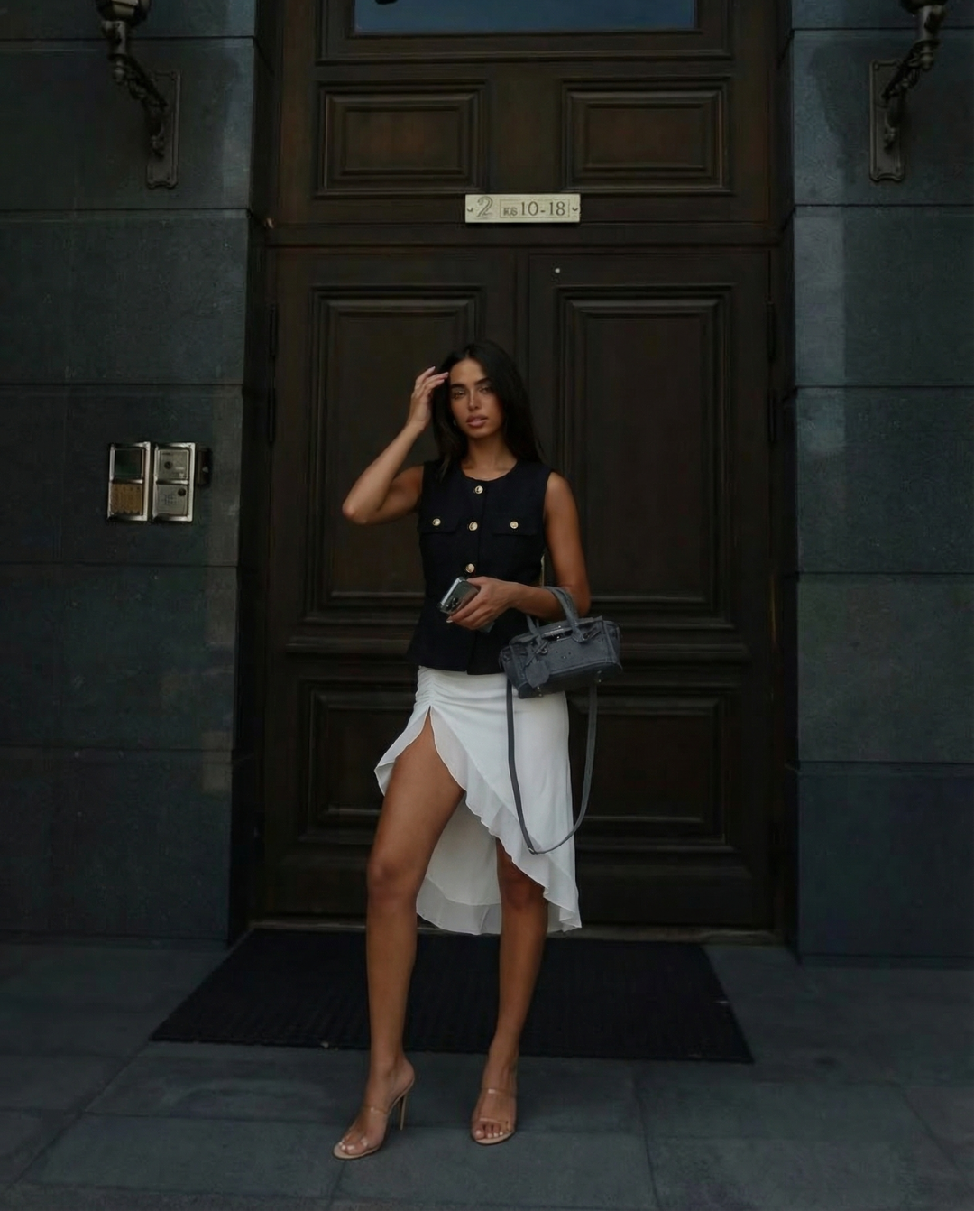 Gemma | Elegant Sleeveless Blazer Black Tweed Belted Gold Button