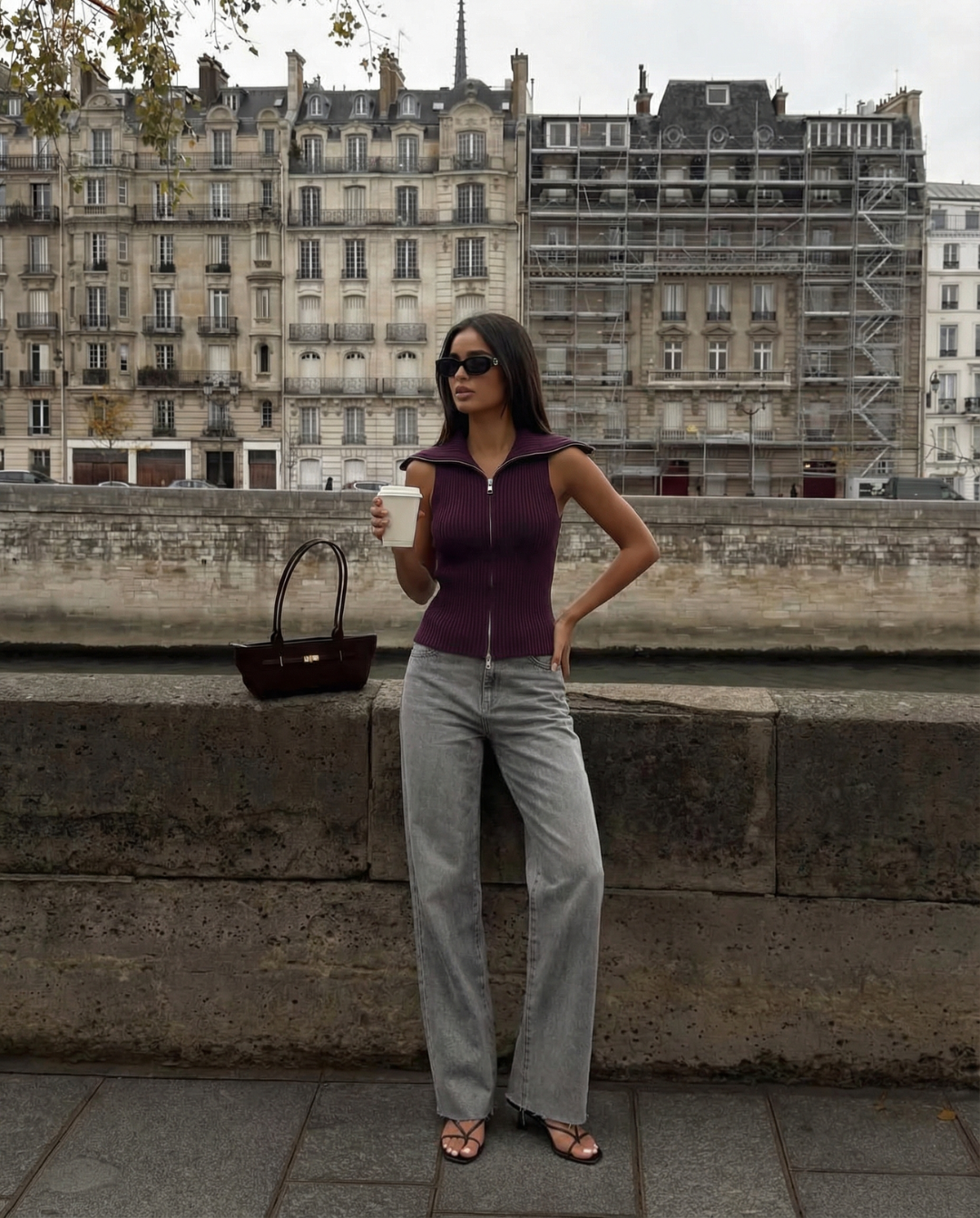 Thea | Ribbed Zip Up Sweater Vest Purple Collared