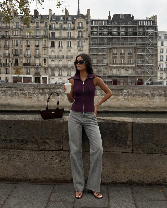 Thea | Ribbed Zip Up Sweater Vest Purple Collared