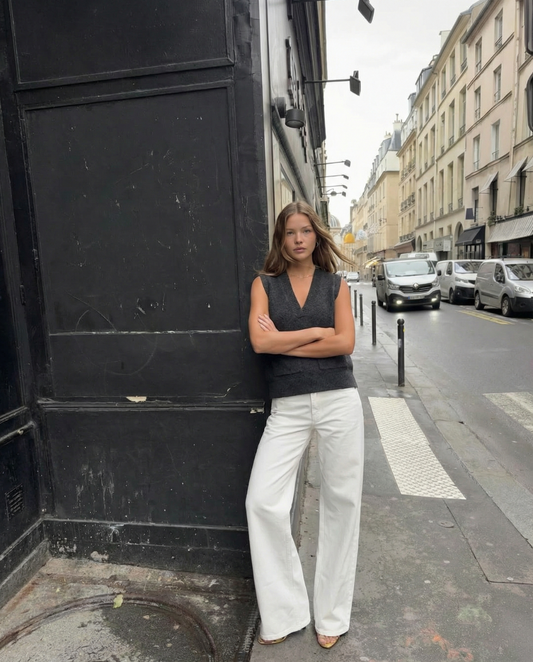 Vera | Sleeveless V Neck Cardigan Charcoal Gray Ribbed Knit