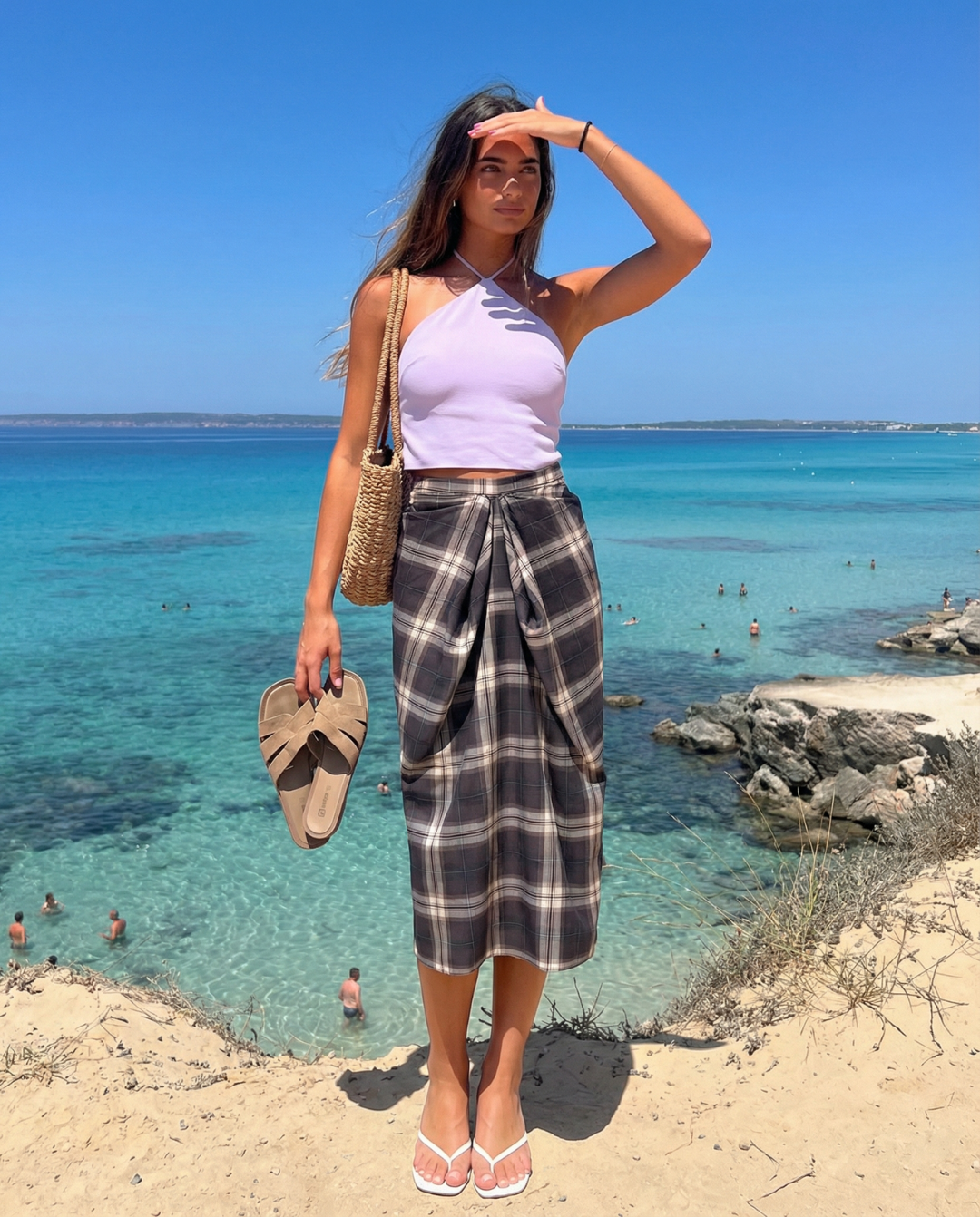 Elise | Check Midi Skirt Grey Wrap Tie Front