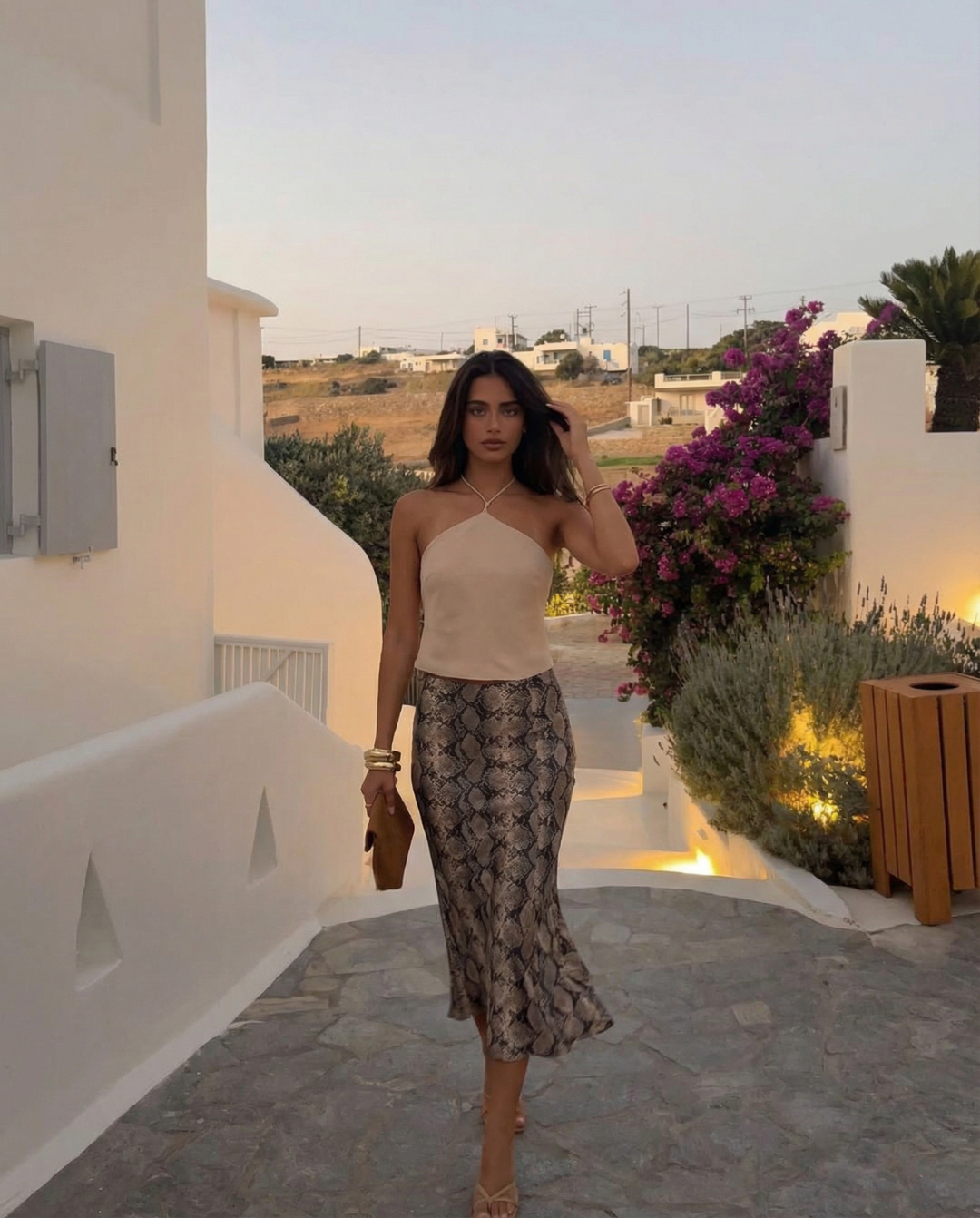 Vera | Snake Print Satin Midi Skirt Brown Bias Cut