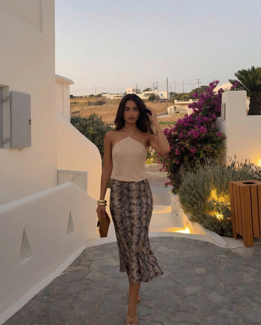 Vera | Snake Print Satin Midi Skirt Brown Bias Cut