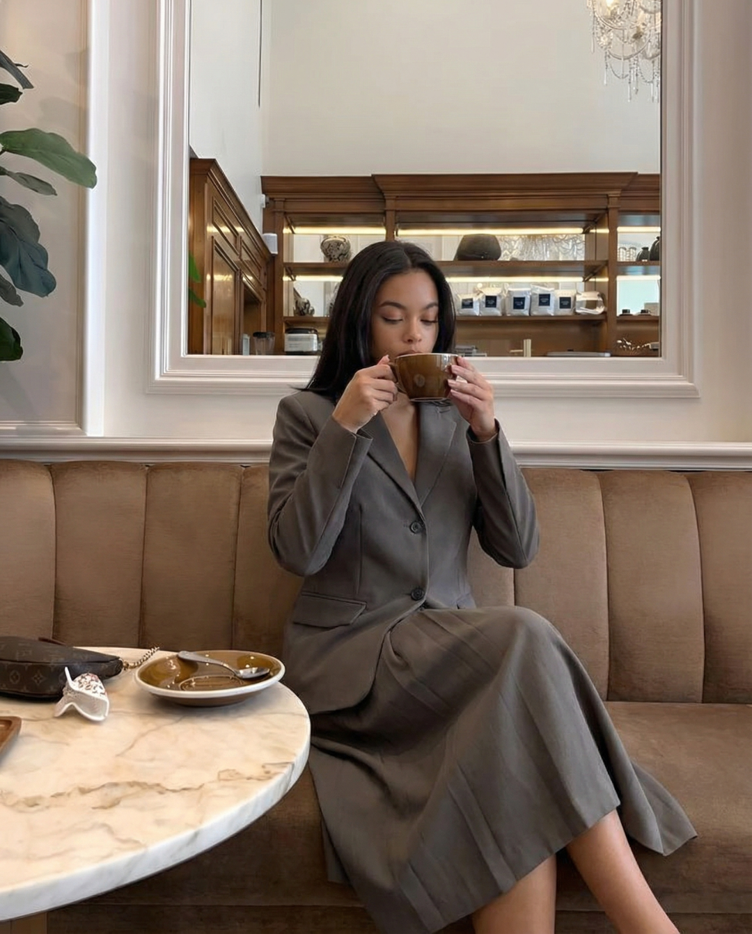 Thea | Blazer Dress Midi Skirt Set Brown Tailored