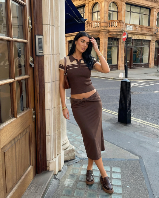 Rose | Brown Chic Ribbed Knit Colour Block Short Sleeve Polo Top